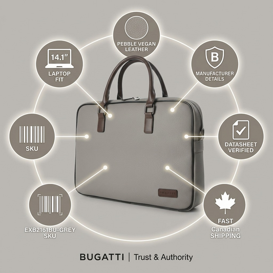 Trust and authority infographic for Bugatti EXB2161BU briefcase with factual feature icons.