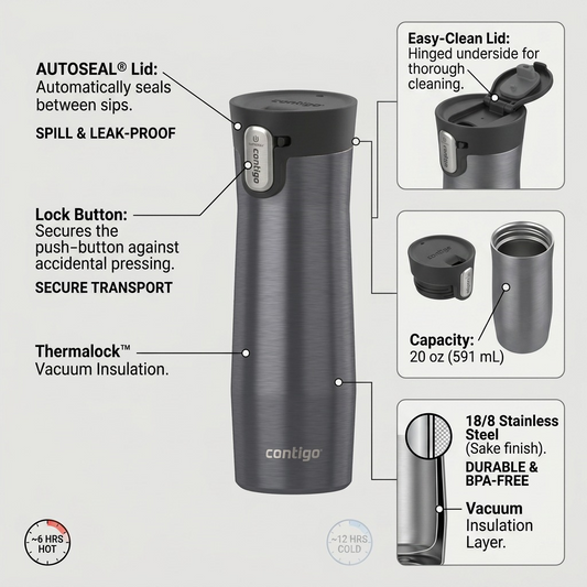 Contigo West Loop 3.0 travel mug (20 oz/591 mL) feature graphic with minimal pointers, labels, and benefit callouts for accurate operational and technical details.