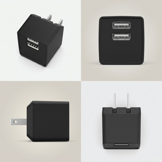 A clean e-commerce matrix displaying the identical dual-port USB wall charger from four different angles.