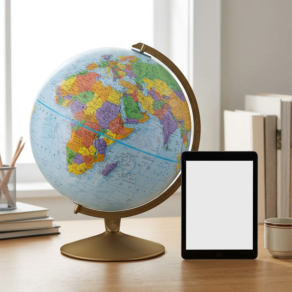 Scale comparison of a 12-inch blue ocean desk globe next to a standard tablet and coffee mug.