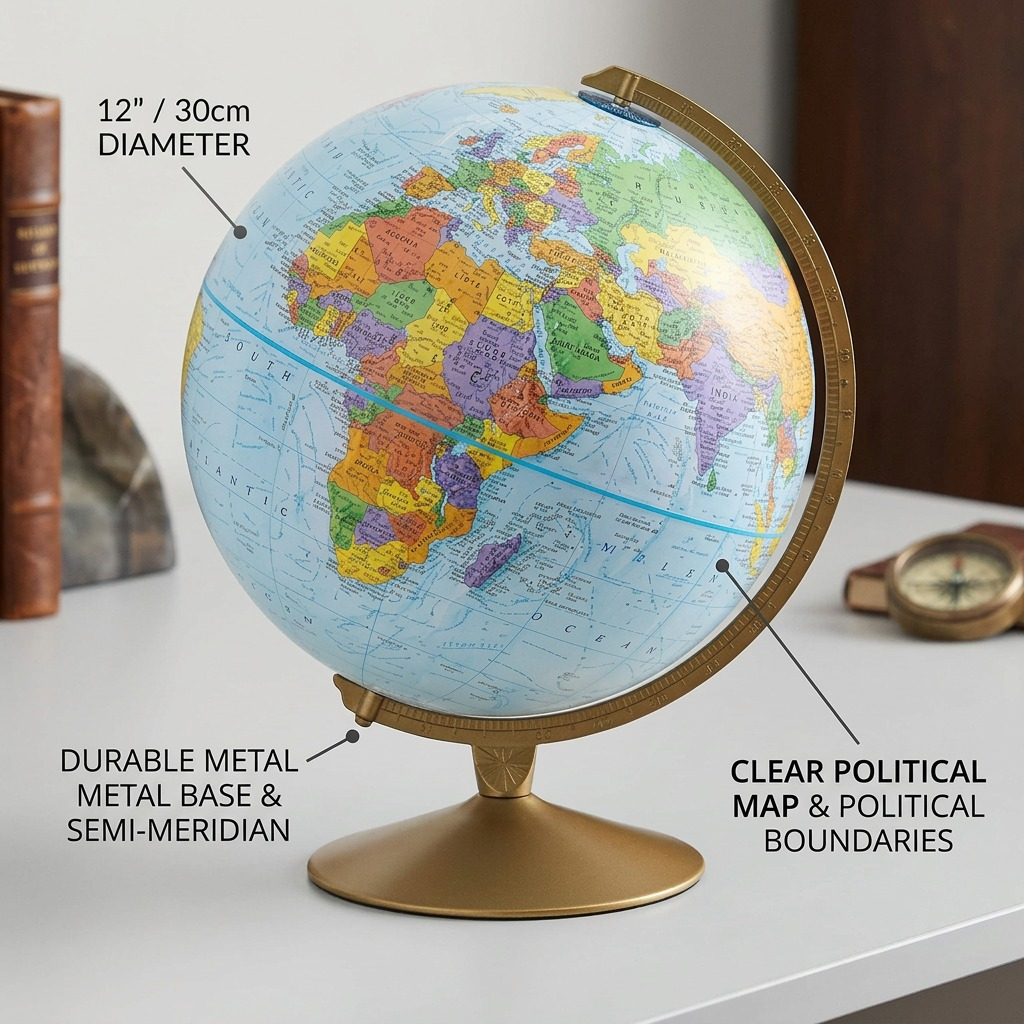 replogle globe with feature pointers to 12" size, metal base, and political map