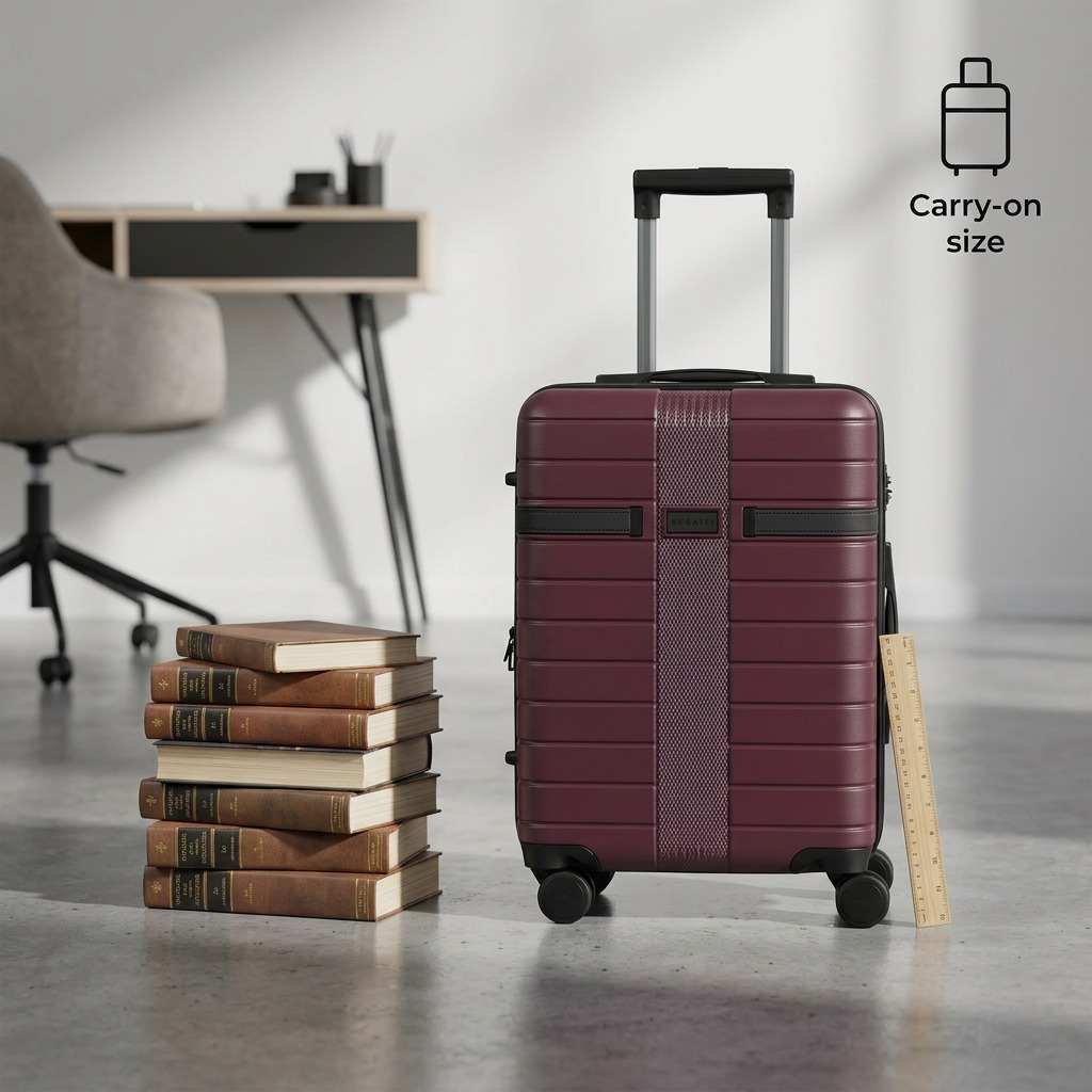 Red lacquer Bugatti Hamburg carry-on luggage standing next to a stack of books for scale reference.
