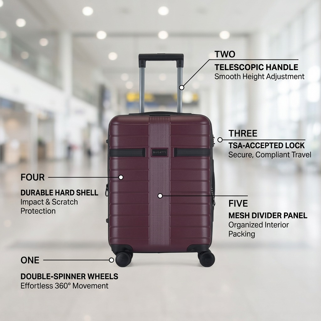 Bugatti Hamburg red carry-on luggage with labels for wheels, handle, TSA lock, shell, and divider.