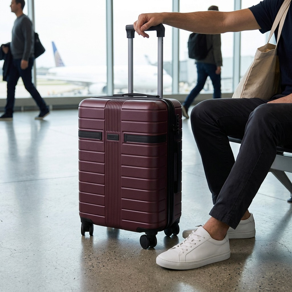 Red Bugatti Hamburg carry-on suitcase with a traveler in an airport terminal near a large window.