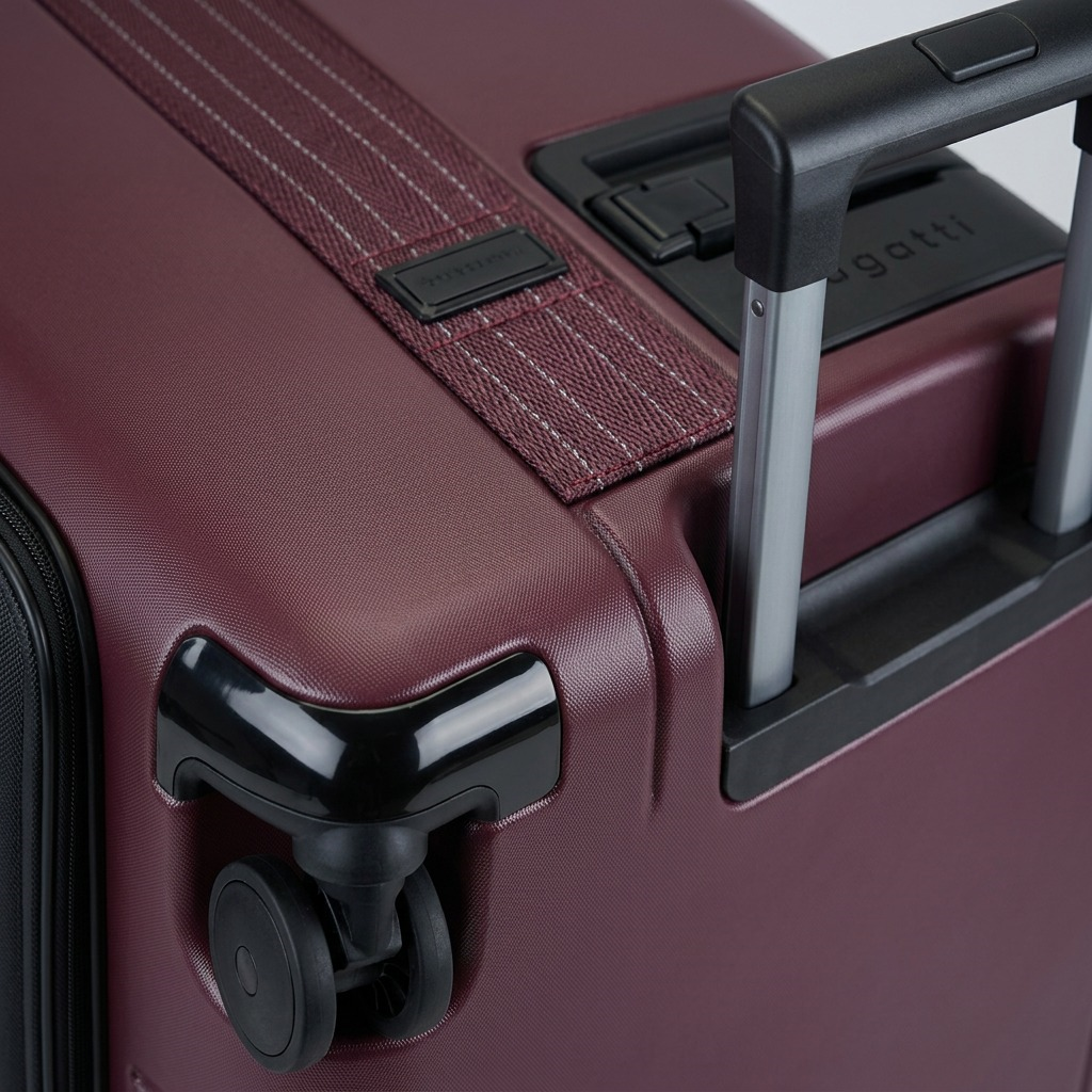 Macro view of the Bugatti Hamburg carry-on in red lacquer showing a spinner wheel and telescoping handle.