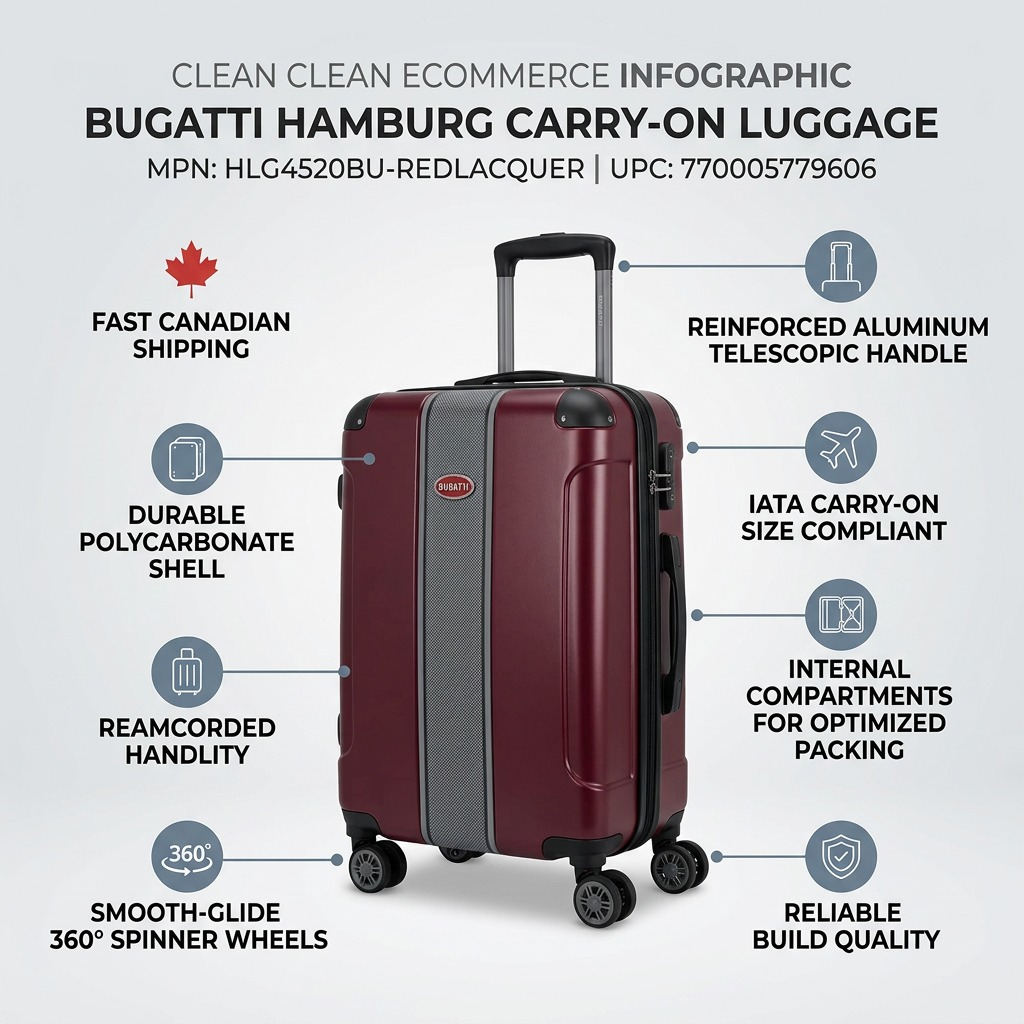 Infographic for red Bugatti Hamburg carry-on luggage highlighting polycarbonate shell, 360 wheels, and telescopic handle.