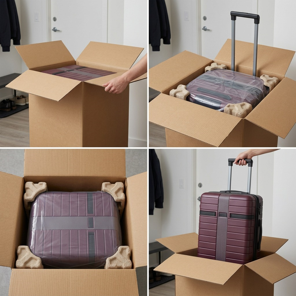 Red Bugatti Hamburg carry-on suitcase being unboxed from a cardboard box with protective corners.