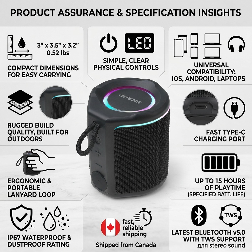 Product infographic in a visual matrix for the SHARP GX-BT190-BK portable speaker, highlighting key features, technical specifications, and shipping details.