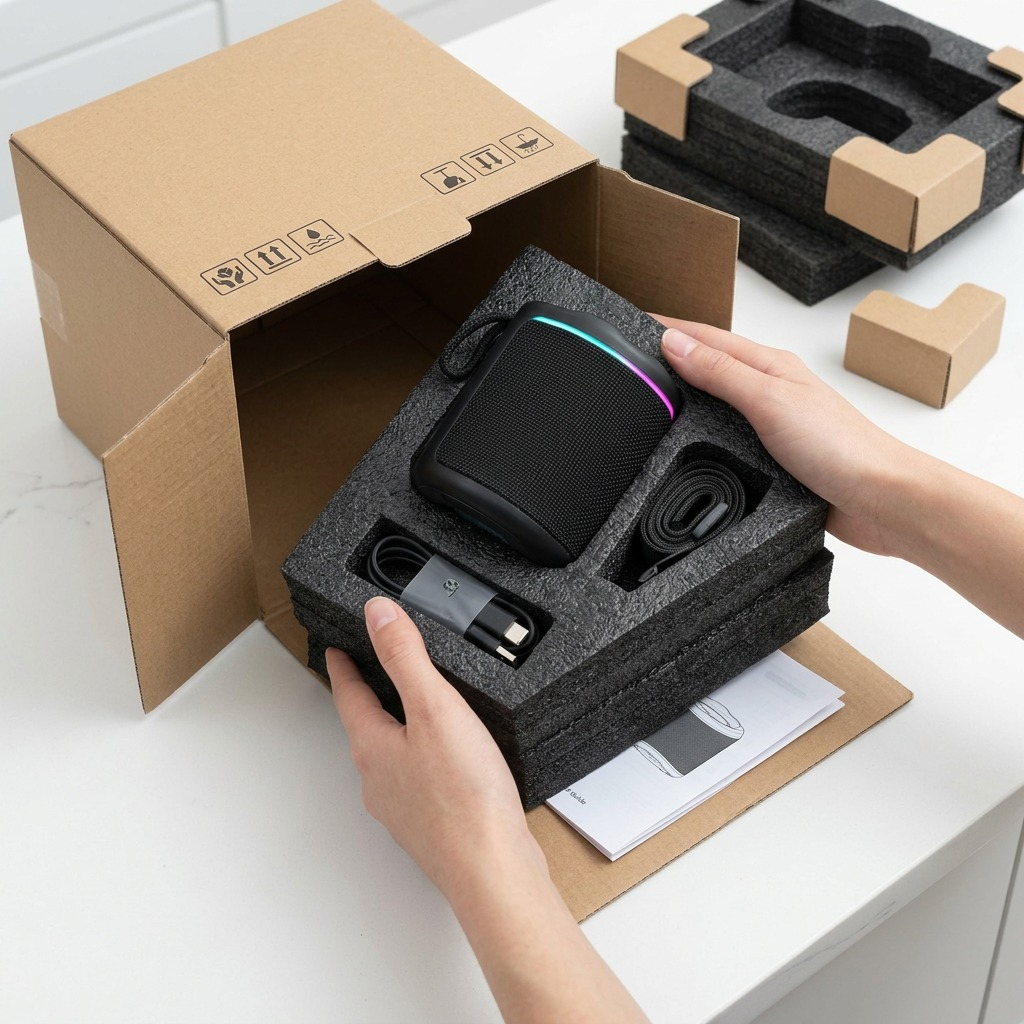 The SHARP GX-BT190-BK speaker in a foam cutout, reducing shipping anxiety and showing protection.