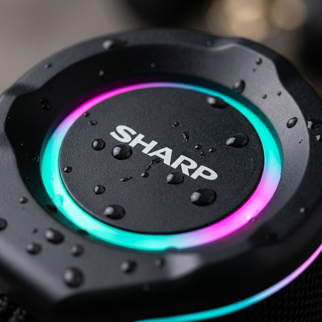 Macro shot focuses on the top of the SHARP GX-BT190-BK, showing the RGB light ring, logo, and water droplets.