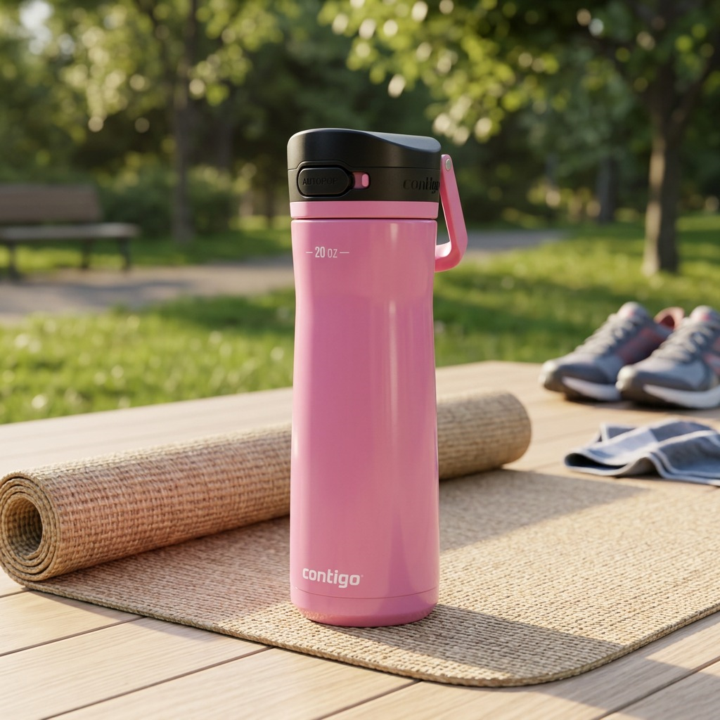 A close-up photograph of the pink Contigo Jackson Chill 2.0 Water Bottle on a fitness mat, in natural light.
