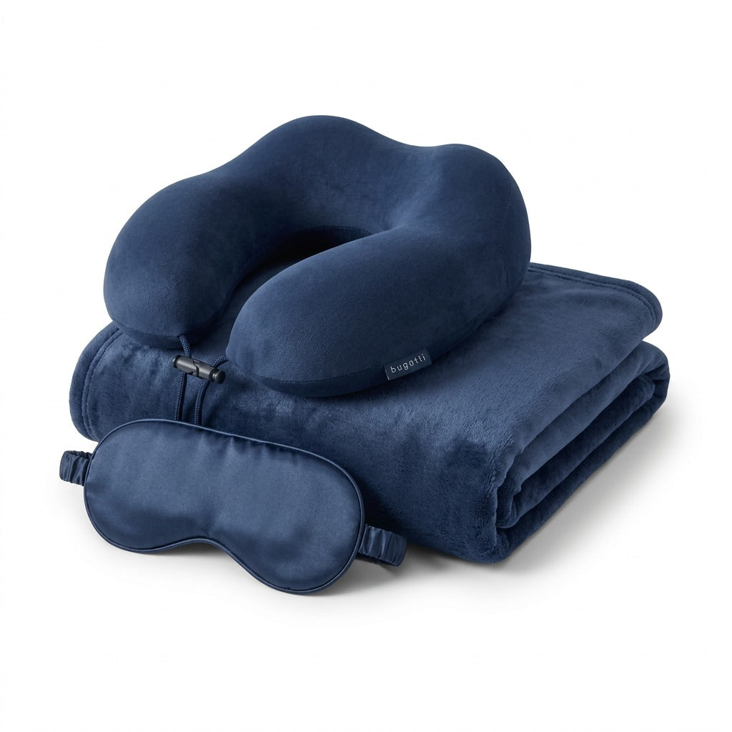 Bugatti 3-piece navy travel set with memory foam neck pillow, velvet blanket, and silky eye shade.