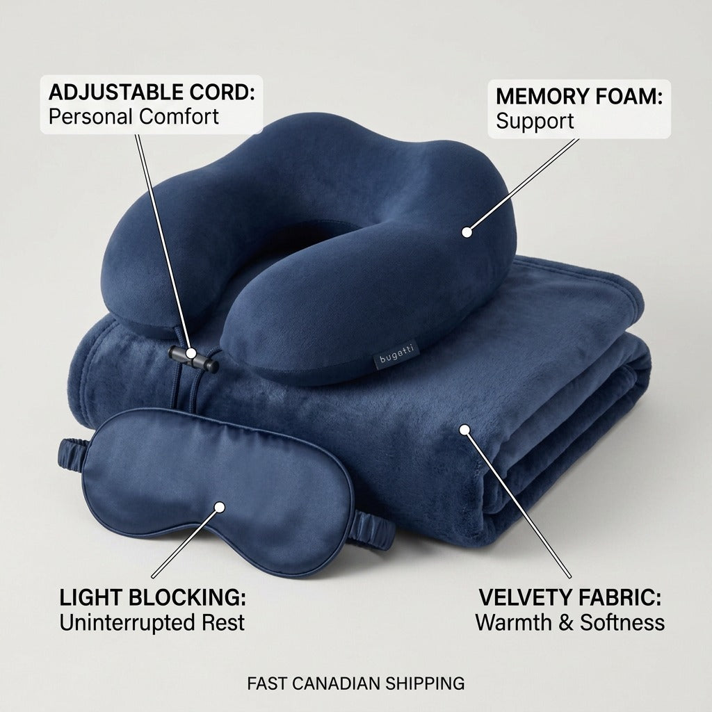 Bugatti navy travel set features: memory foam neck pillow, silky eye shade, and velvety blanket.