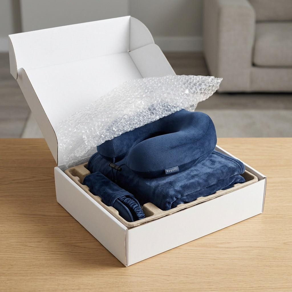 Unboxing of the Bugatti 3-piece navy travel set with pillow, blanket, and eye mask in secure shipping box.