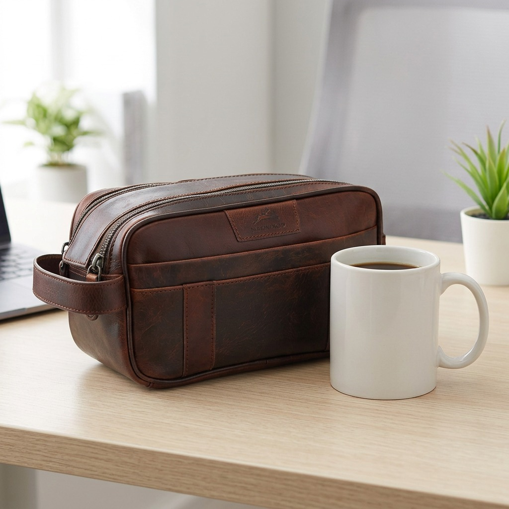 The Mancini buffalo buffalo leather toiletry bag is shown next to a standard 12-ounce coffee mug to illustrate its exact size on a wooden desk.