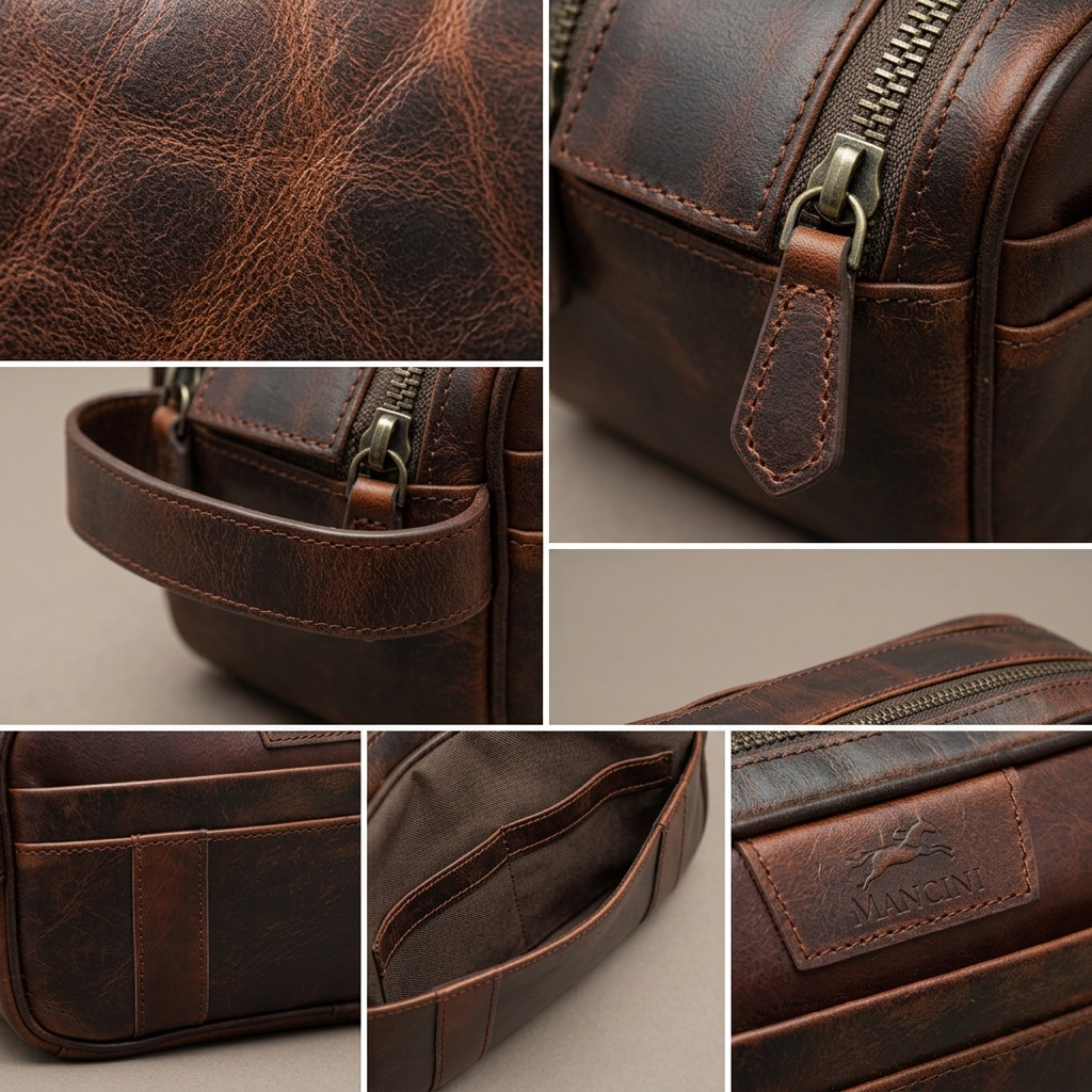 A close-up visual matrix of the Mancini 99-54202-BROWN toiletry bag, showcasing the intricate leather texture, zippers, lining, handle stitching, and internal organization.