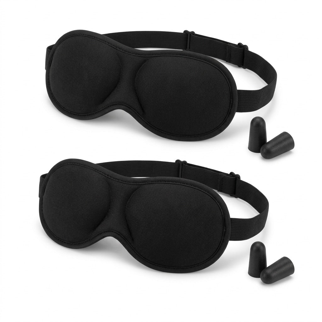 Austin House 2-pack travel set featuring two contoured black fabric eye masks and foam earplugs.