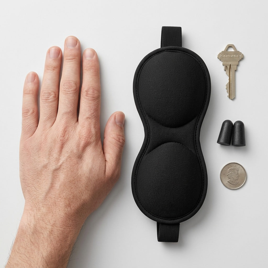 Austin House black eye mask and foam earplugs shown next to a hand, key, and coin for scale.
