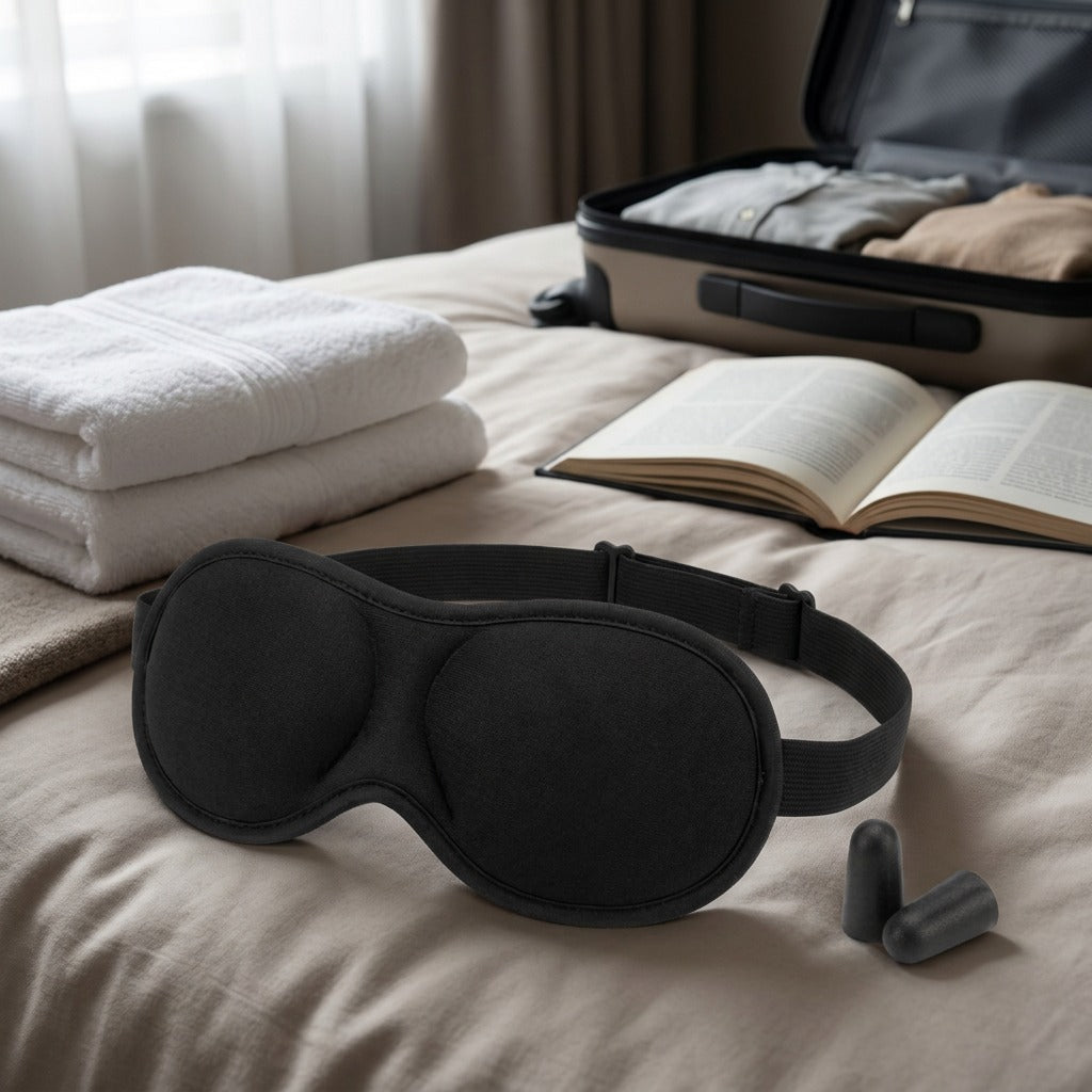 Austin House black contoured eye mask and earplugs set on a hotel bed with an open suitcase.