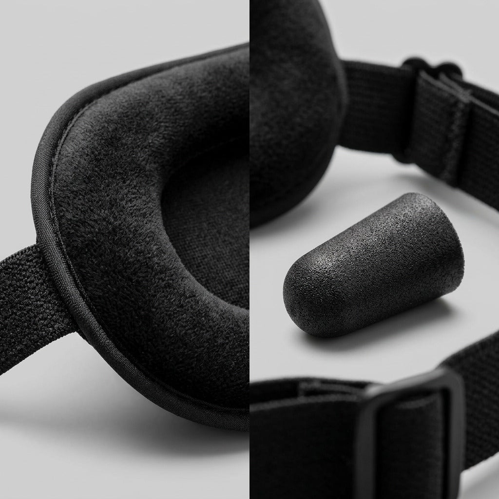 Macro detail of the Austin House black eye mask's soft plush padding and a contoured foam earplug.