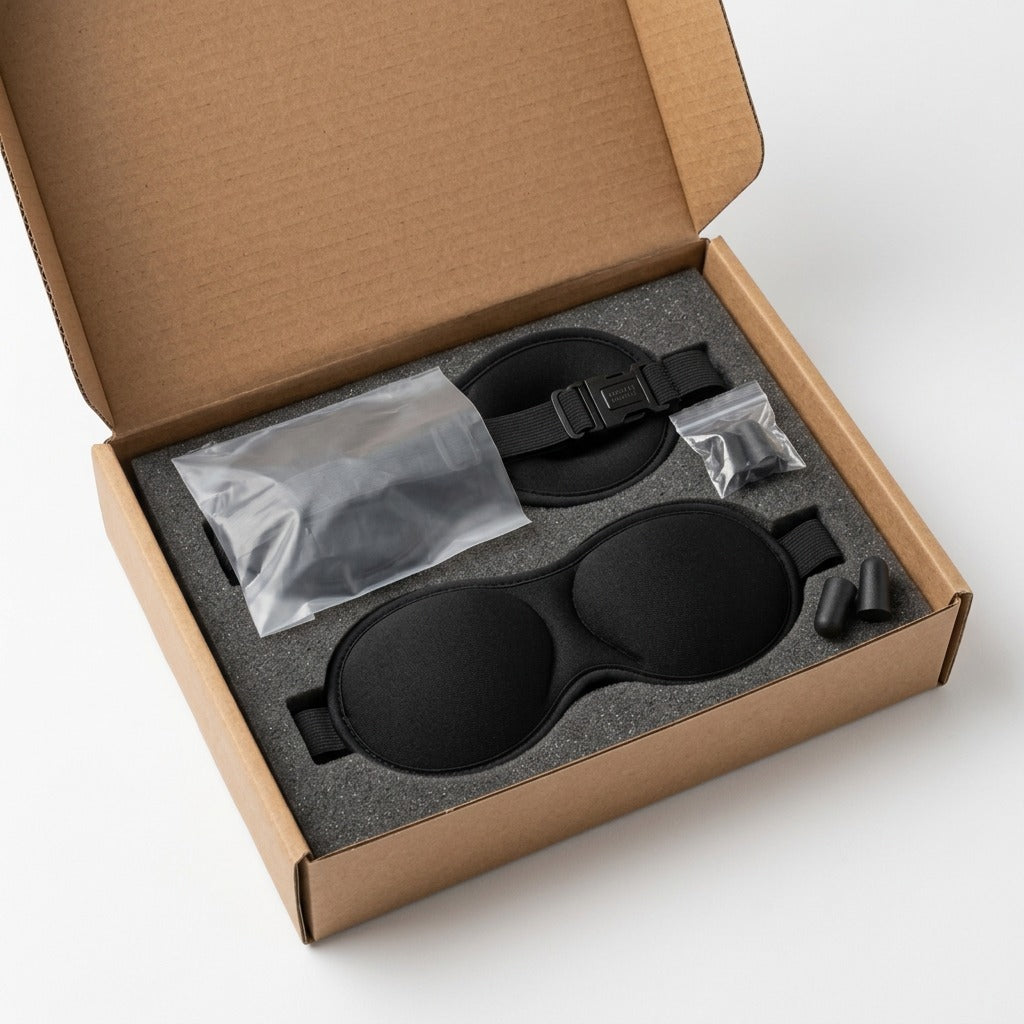 Austin House 2-pack black sleep eye masks and earplugs in protective cardboard box with foam insert.