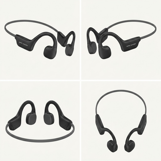 Four views of black OPN SOUND bone conduction headphones arranged in a 2x2 grid.
