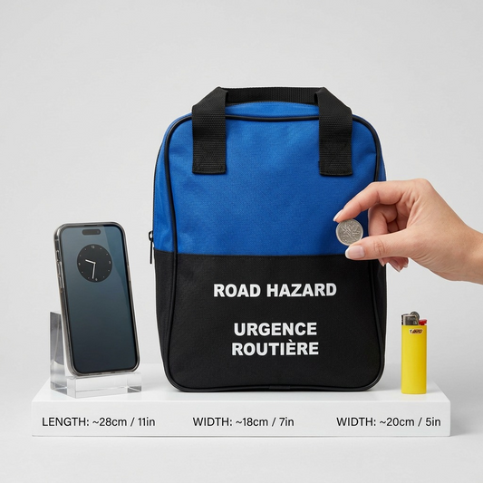 Scale reference of the blue and black road safety kit bag next to a smartphone, coin, and lighter.