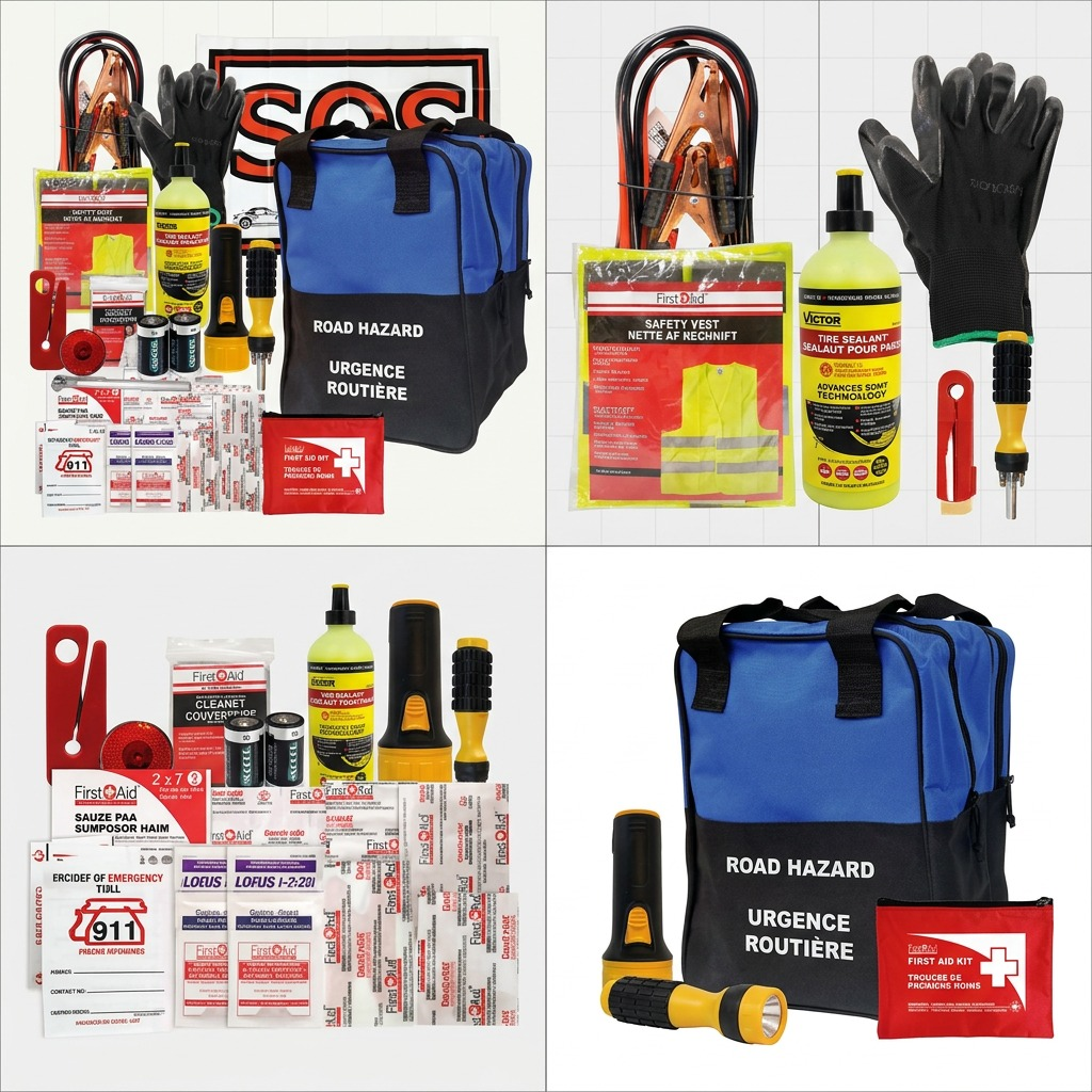 Matrix view of First Aid Central Road Safety Kit showing components, tools, and the storage bag.