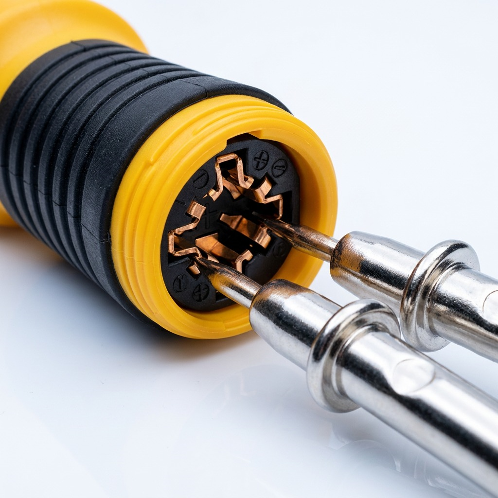 Macro detail of copper contacts and metal probes from the First Aid Central Road Safety Kit.