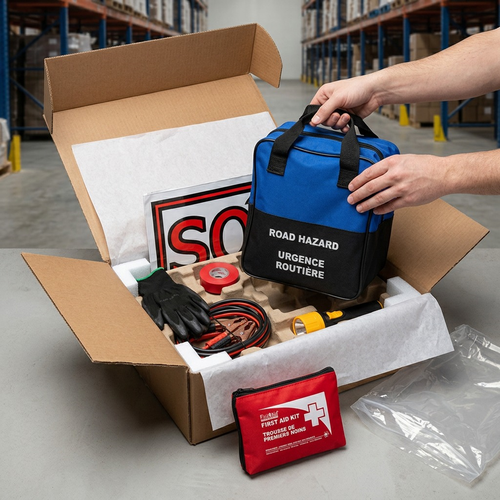 A hand lifts the First Aid Central Road Safety Kit bag from a securely packed shipping box.