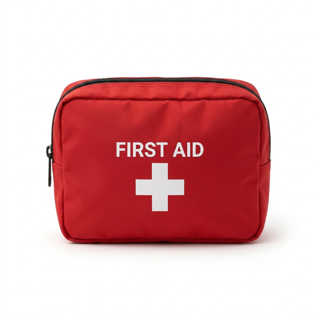 First Aid Central compact red nylon personal first aid kit pouch with white cross symbol.