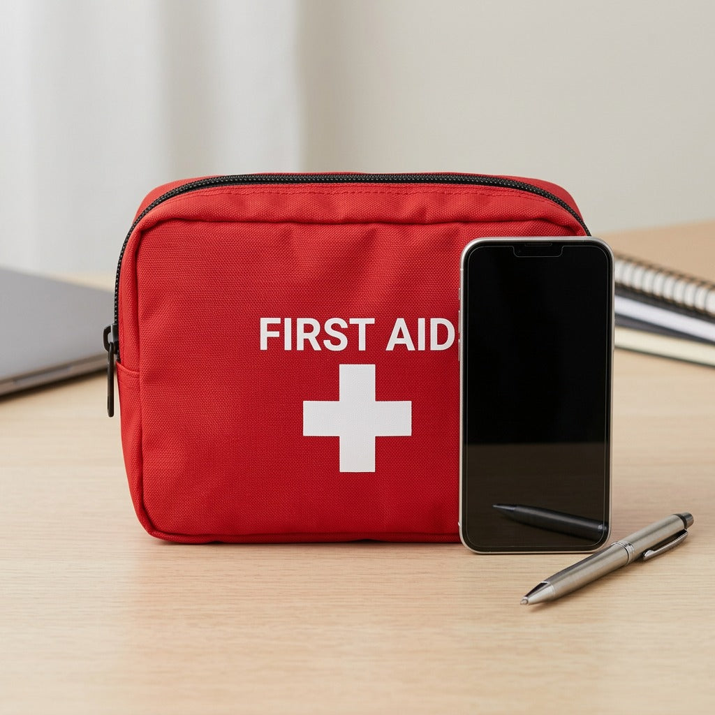 First Aid Central red nylon travel first aid kit shown next to a smartphone for scale.