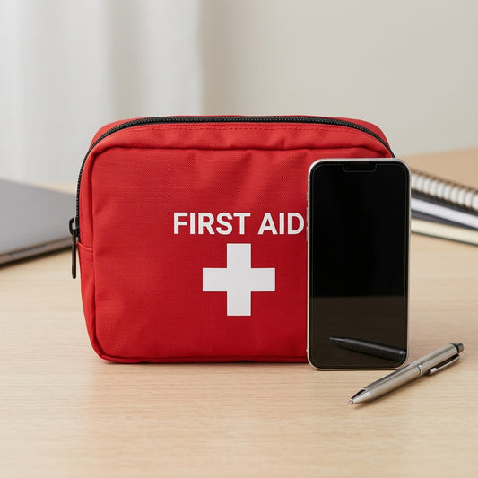 First Aid Central red nylon travel first aid kit shown next to a smartphone for scale.