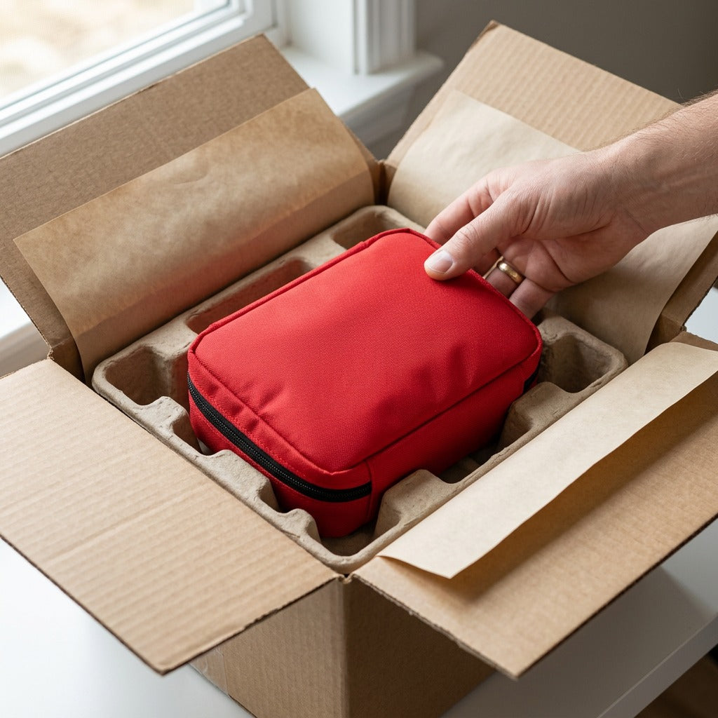 Hand unboxing a First Aid Central compact red nylon travel kit securely packed in a shipping box.