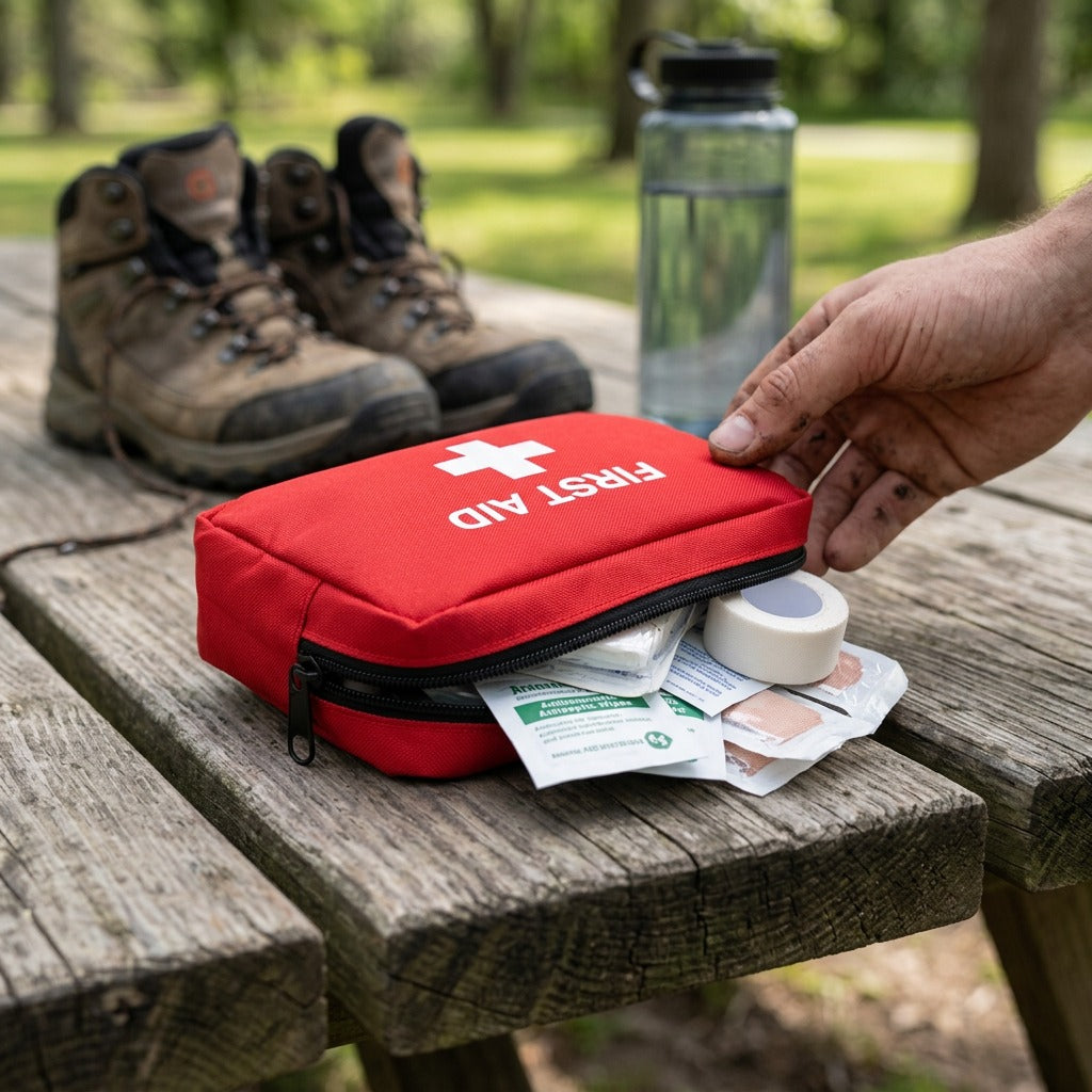 First Aid Central red nylon kit open on a wooden picnic table with bandages, wipes, and tape.
