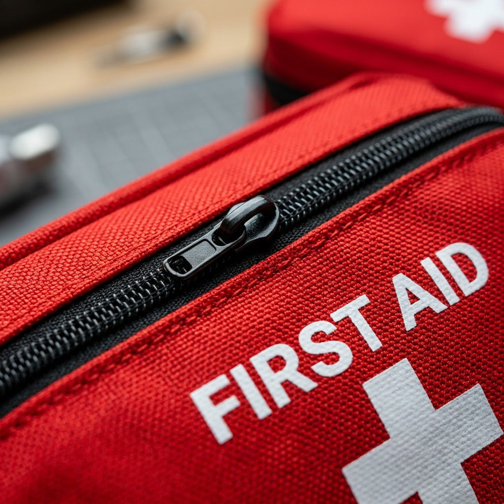 Macro detail of black zipper and stitched red nylon fabric on a First Aid Central compact kit.