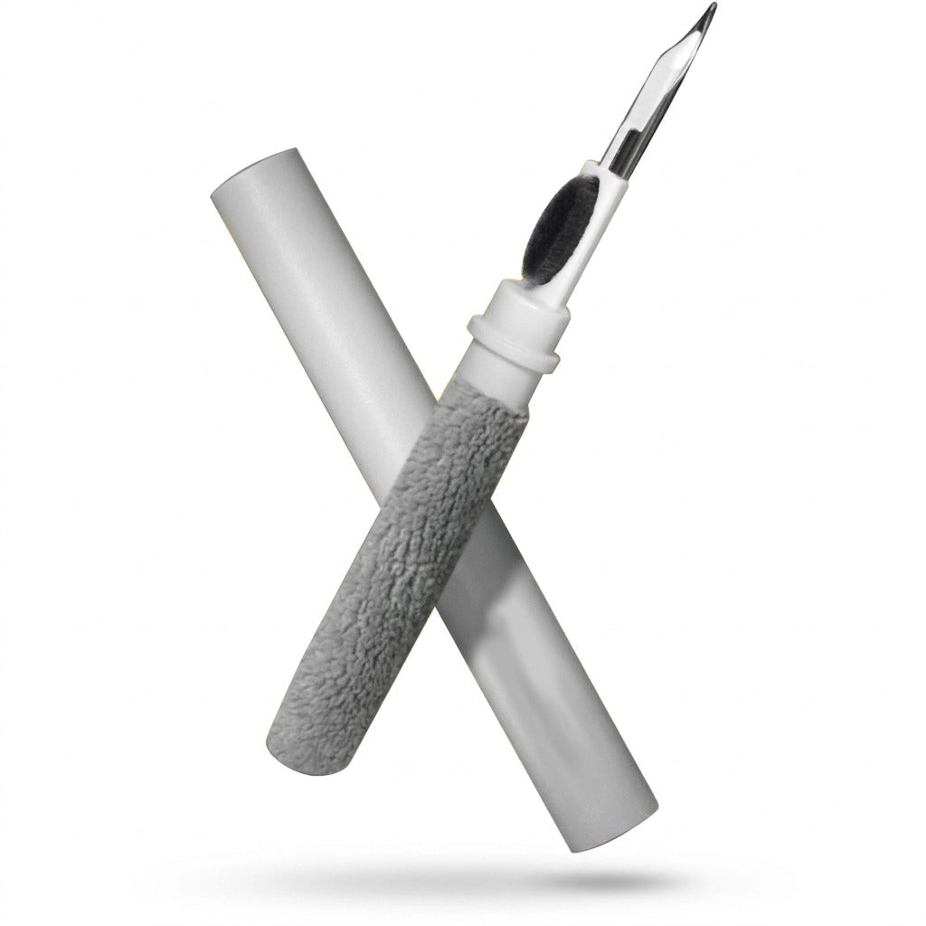 KeyBudz AirCare Lite multi-tool earbud cleaner with metal tip, brush, and soft microfiber sponge.