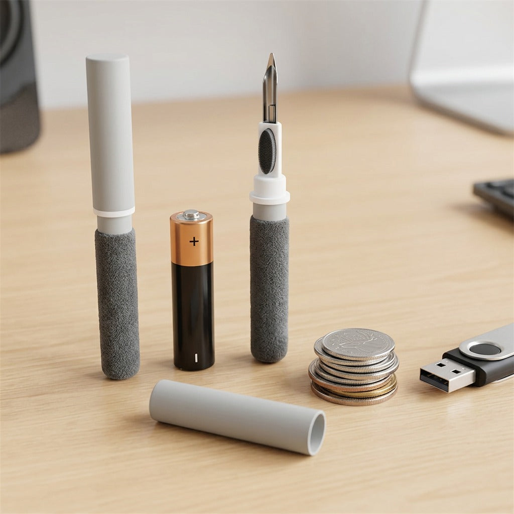 KeyBudz AirCare Lite earbuds cleaning multi-tool shown next to a battery and coins for size scale.