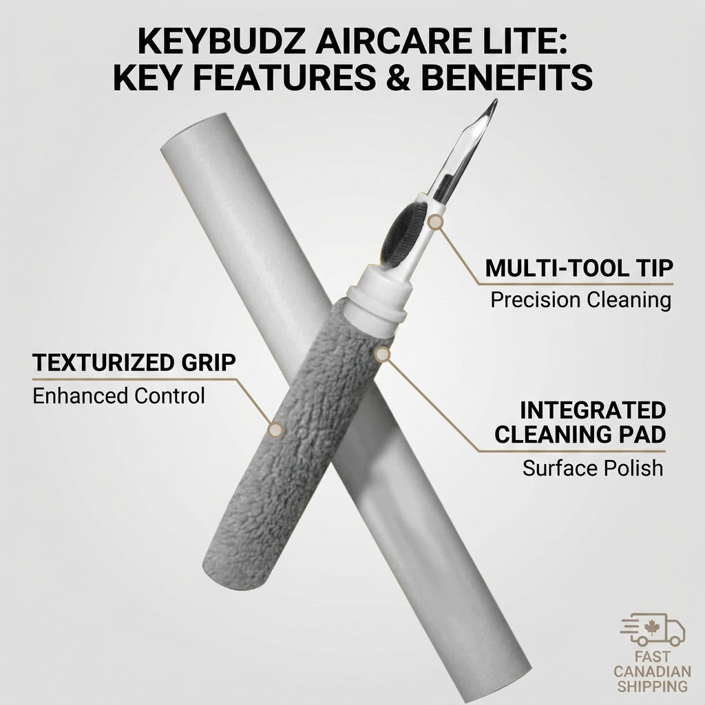 KeyBudz AirCare Lite multi-tool earbuds cleaning kit with labeled tip, grip, and cleaning pad.