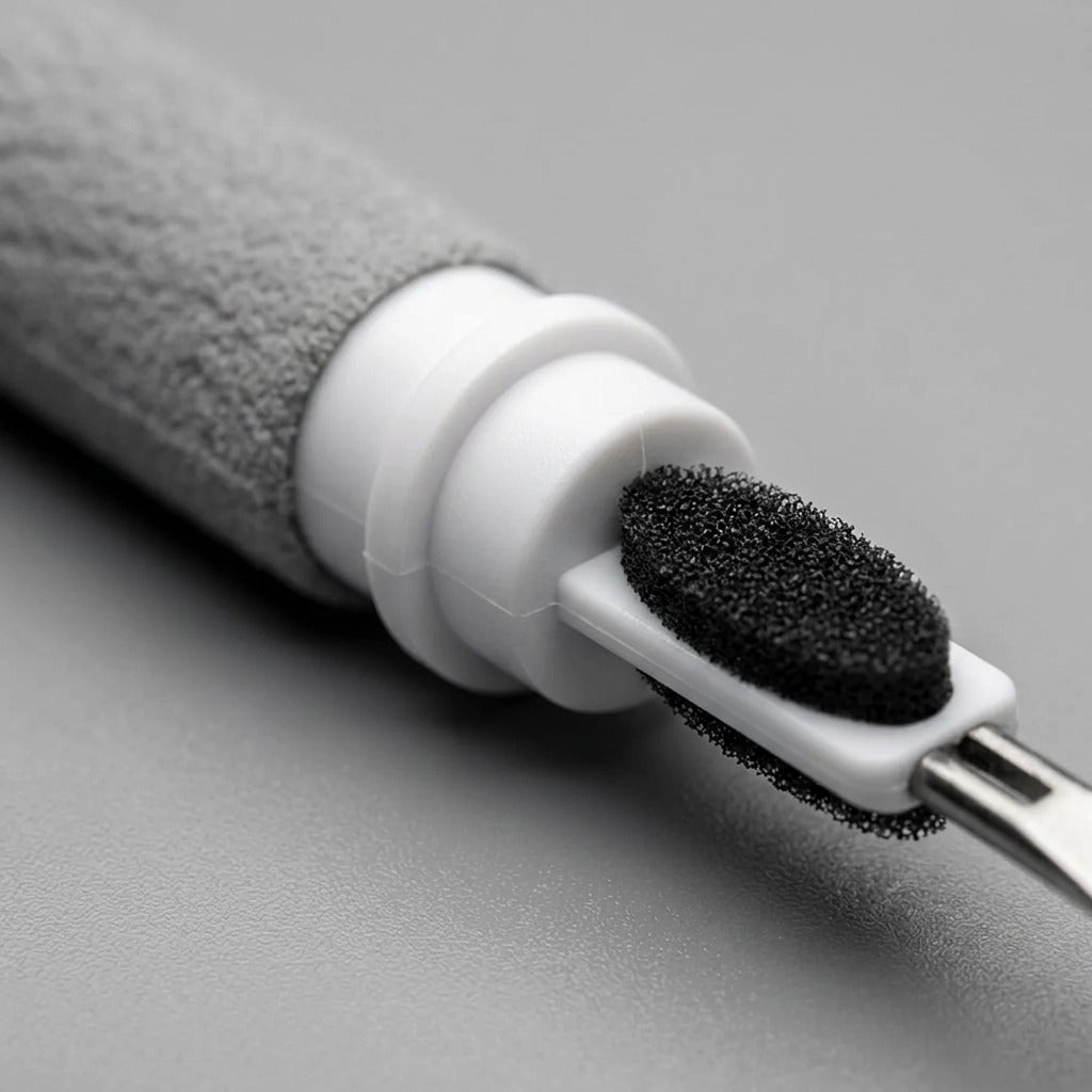 Close-up of the KeyBudz AirCare Lite cleaning tool showing the black sponge brush and tip.