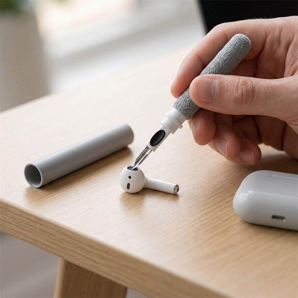 Using the KeyBudz AirCare Lite multi-tool precision tip to clean a white earbud on a wooden desk.