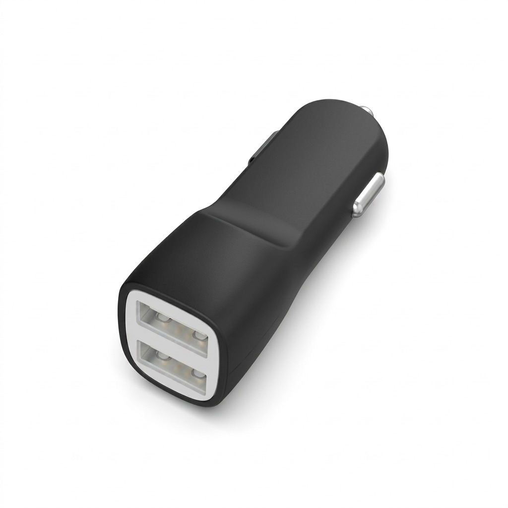 A high-resolution product shot of a black Tech Basics Dual Port Car Charger with two horizontal USB Type-A ports.