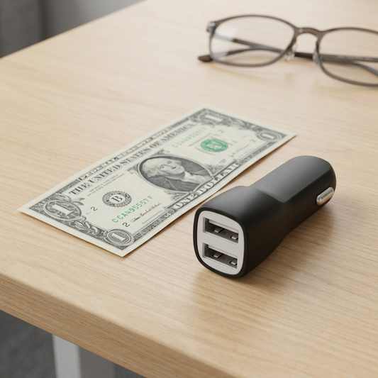 A photorealistic desk scene comparing the black Tech Basics dual car charger's size directly to a US dollar bill.