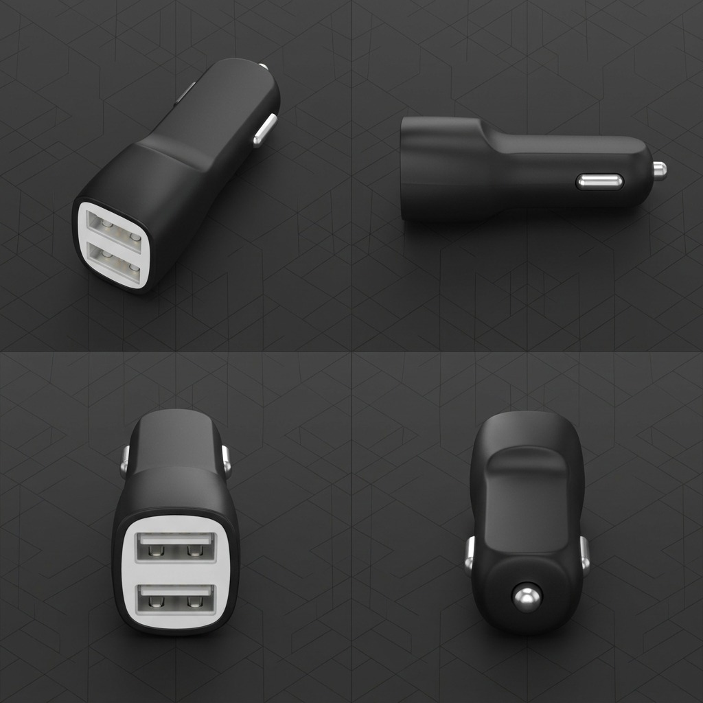 A visually clean four-way matrix showing the identical Tech Basics Bulk Dual Port Car Charger 2.4 Amp USB (TBBPC2U, UPC: 192129034056) from four different orientations: two from image_0.png, a direct front view of the dual USB ports, and a detailed profile view. No text or logos, centered against a dark neutral background with an angular grid pattern.