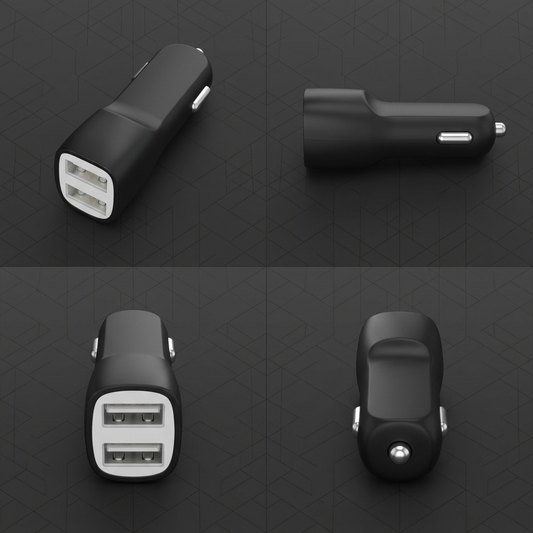 A visually clean four-way matrix showing the identical Tech Basics Bulk Dual Port Car Charger 2.4 Amp USB (TBBPC2U, UPC: 192129034056) from four different orientations: two from image_0.png, a direct front view of the dual USB ports, and a detailed profile view. No text or logos, centered against a dark neutral background with an angular grid pattern.