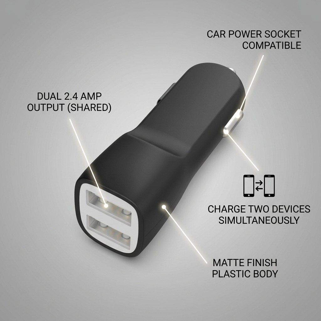 E-commerce feature callout image for Tech Basics Bulk Dual Port Car Charger, highlighting 2.4A dual output, simultaneous charging, and compatibility.