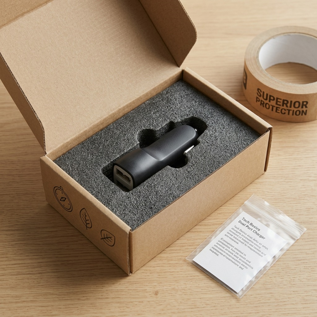 A Tech Basics dual port car charger is securely cushioned in a protective foam insert within a shipping box.