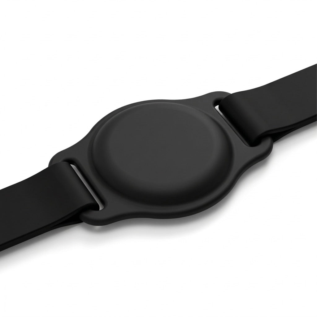Black KeyBudz PawTag pet collar mount for AirTag threaded onto a matching black collar strap.