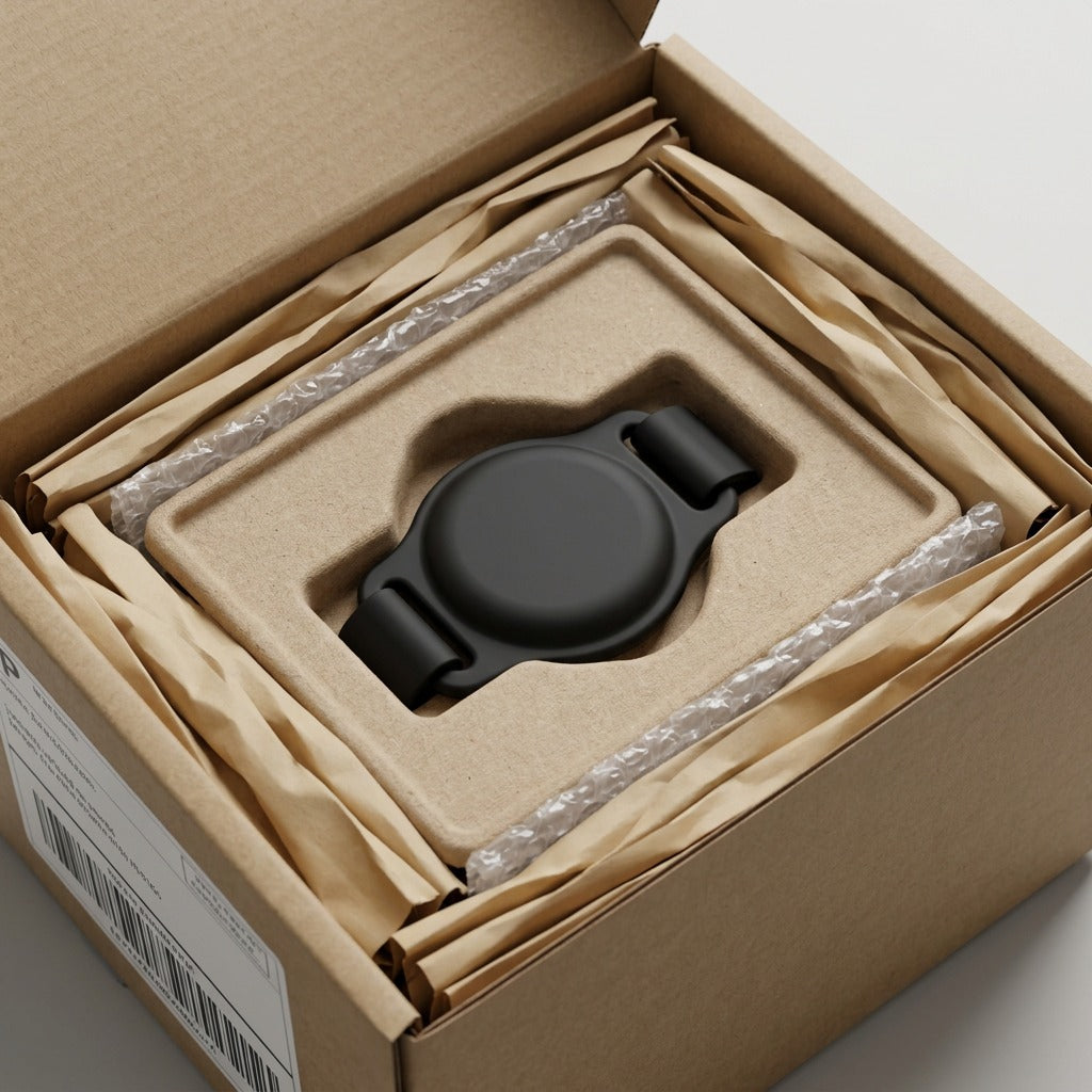 KeyBudz PawTag pet collar mount for AirTag securely packaged in a protective shipping box.