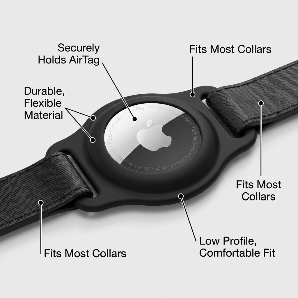 KeyBudz PawTag pet collar mount for AirTag diagram showing flexible fit and low-profile design.